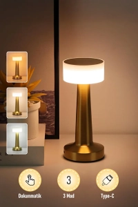 Gold Renk Şarjlı LED Masa Lambası Type-C Girişli Dokunmatik 3 Işık Modlu Gece Aydınlatması